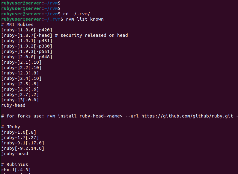 rvm list known